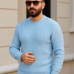 Erkek Bisiklet Yaka Triko Kazak Pamuklu Kalın Fitilli Dokuma - Bebe Mavisi