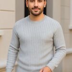 Erkek Bisiklet Yaka Triko Kazak Pamuklu Kalın Fitilli Dokuma Regular Fit - Gri