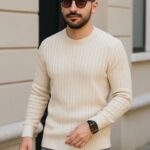 Erkek Bisiklet Yaka Triko Kazak Pamuklu Kalın Fitilli Dokuma Regular Fit - Bej