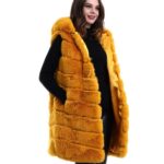 Kapüşonlu Peluş Kürk Yelek Premium Kalite Tam Astarlı Uzun Model - Sarı