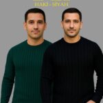 Erkek Fitilli Triko Kazak 2’li Set Siyah Haki Kalın Dokuma Pamuklu Regular Fit Bisiklet