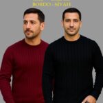 Erkek Fitilli Triko Kazak 2’li Set Siyah Bordo Kalın Dokuma Pamuklu Regular Fit Bisiklet