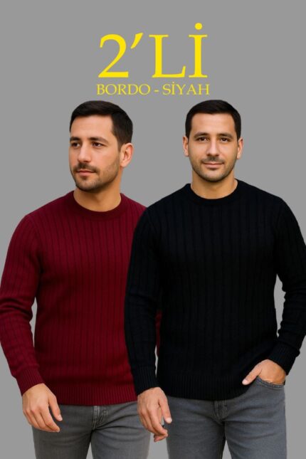 Erkek Fitilli Triko Kazak 2’li Set Siyah Bordo Kalın Dokuma Pamuklu Regular Fit Bisiklet