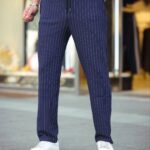 Cizgili Dokuma Krep Jogger Buggy Pantalon - Lacivert