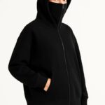 Kadın Samuray Ninja Çift Kapüşonlu Maske Detaylı 3 İplik Hoodie - Siyah