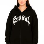 Kadın Kapüşonlu 3 İplik Şardonlu Önü Baskılı Fermuarlı Oversize Sweatshirt - Siyah