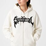 Kapüşonlu 3 İplik Pamuklu Önü Baskılı Fermuarlı Oversize Hoodie Sweatshirt - Beyaz
