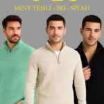 Fitilli Triko Kazak 3’lü Set Mint Yeşili Siyah Bej Kalın Dokuma Pamuklu