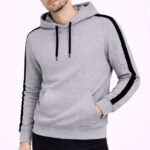 Erkek Şeritli Kapüşonlu Sweatshirt Oversize 3 iplik Pamuklu Hoodie - Gri