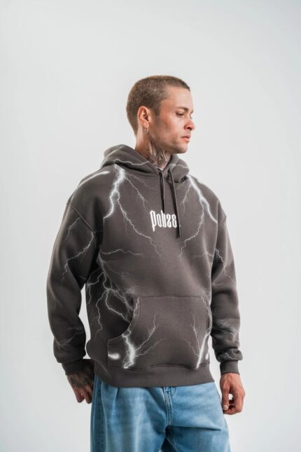 Baskılı Kapüşonlu Oversize 3 İplik Pamuklu SweatShirt Hoodie - Füme