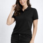 Kadın Polo Yaka Tişört Pike Kumaş Kısa Kol Regular Fit Yazlık T-Shirt - Siyah