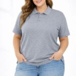 Kadın Battal Beden Tişört Polo Yaka Pike Kumaş Kısa Kol T-Shirt - Gri