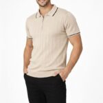 Erkek Yazlık Dokuma Triko Tişört Fermuarlı Polo Yaka Kısa Kol T-Shirt - Bej