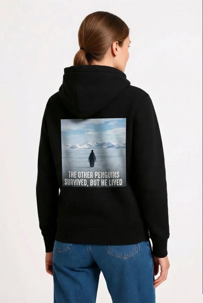 vlmrtr-9374_697b48db82790-44482268-sw1696sh2528-xgze0jqk.jpg Kadın 3 İplik Pamuklu Kapüşonlu Hoodie Sweatshirt Survivor Penguen Baskılı - Siyah - Görsel 1