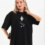 T-Shirt Penguen Baskılı Bisiklet Yaka T-Shirt - Siyah