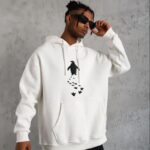 Erkek Nihilist Penguen Baskılı 3 İplik Pamuklu Kapüşonlu Sweatshirt Hoodie Beyaz