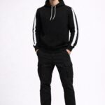 Erkek Şeritli Kapüşonlu Sweatshirt Oversize 3 iplik Pamuklu Hoodie - Siyah