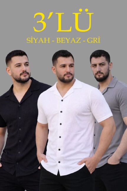 Erkek Waffle Kumaş Yazlık Yakalı Kısa Kol Düğmeli Gömlek 3’lü Set Siyah-Beyaz-Gri