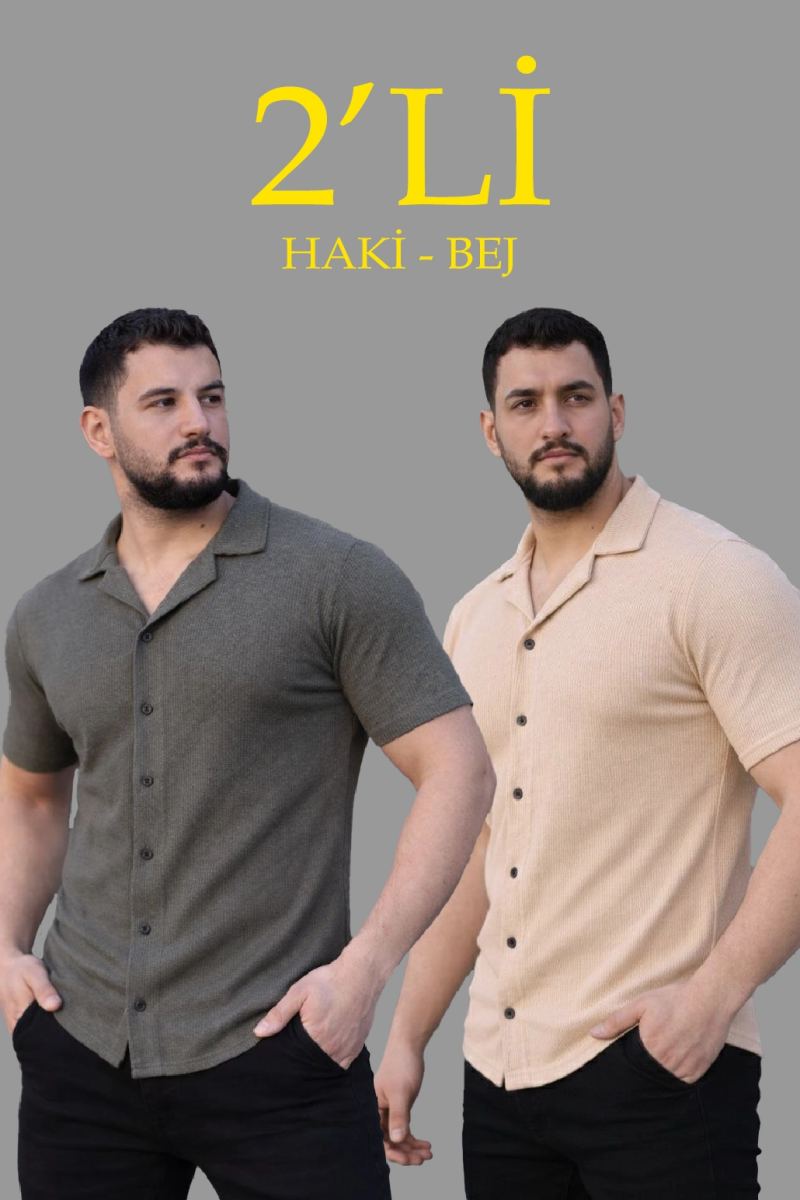 vlmrtr-9433_6980863e4222a-41619647-sw1030sh1545-3icgqamt.jpg Erkek Waffle Dokuma Kumaş Açık Yakalı Düğmeli Gömlek 2’li Set Haki-Bej - Görsel 1