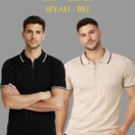 Erkek Triko Tişört Fermuarlı Polo Yakal Yazlık Kısa Kol T-Shirt 2’li Set Bej-Siyah