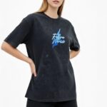 Kadın Asit Yıkamalı Oversize Tişört Bisiklet Yaka Kısa Kol T-shirt - Siyah