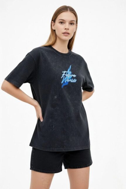 Kadın Asit Yıkamalı Oversize Tişört Bisiklet Yaka Kısa Kol T-shirt - Siyah