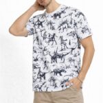 Erkek Dinozor Dijıtal ön ve arka Baskılı Tişört Bisiklet Yaka T-Shirt - Beyaz