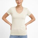 Kadın T-Shirt V Yaka Slim Fit Likralı Tişört Yazlık Basic Body - Taş