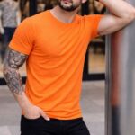 Erkek Body Tişört Bisiklet Yaka Slim Fit Likralı T-Shirt - Turuncu