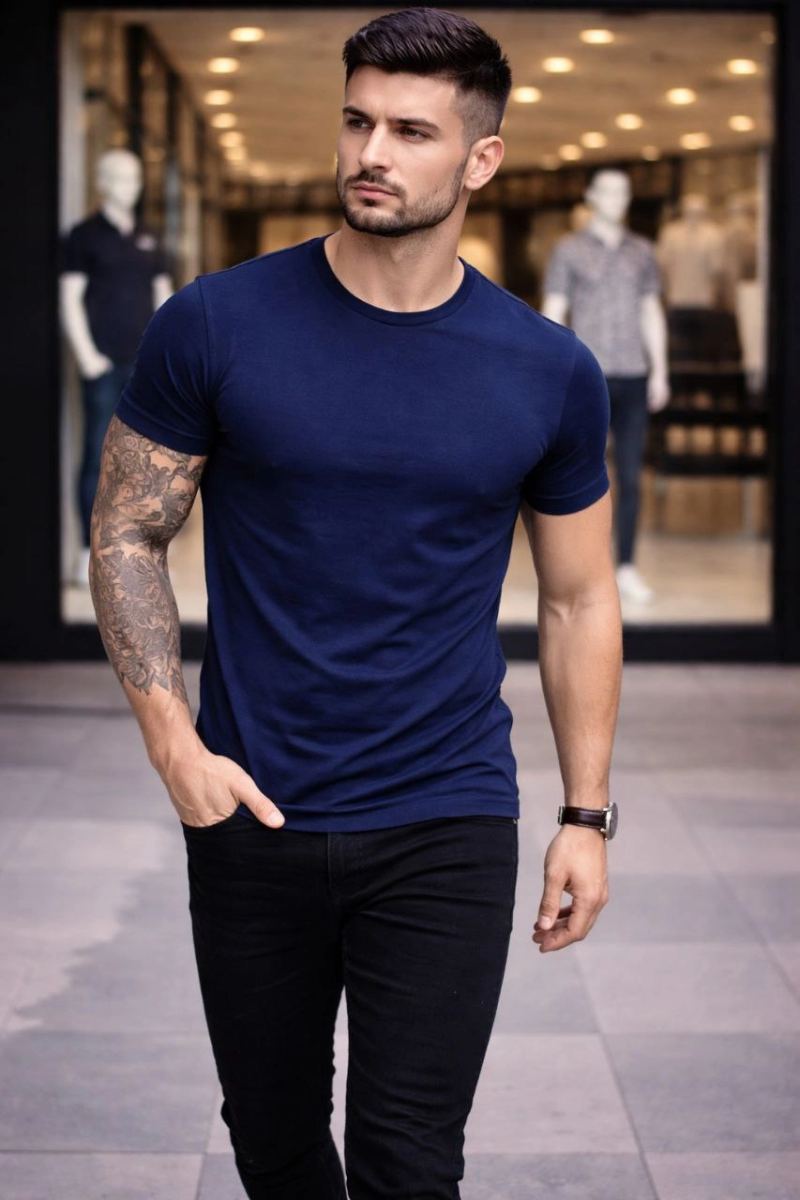 vlmrtr-9586_6998a40576b9d-4551990-sw853sh1280-1x0h1f4e.jpg Erkek Body Tişört Bisiklet Yaka Slim Fit Likralı T-Shirt - Lacivert - Görsel 1