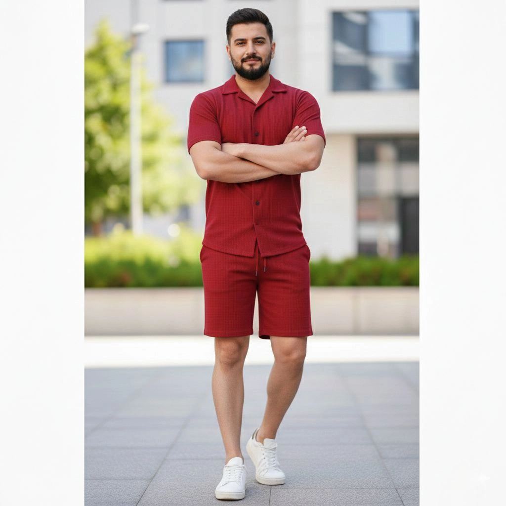 vlmrtr-9609_699b0ed6e7c9b-37572969-sw1024sh1024-34hnat6p.jpg Erkek Waffle Kumaş Kısa Kol Gömlek Şort Takım Regular Yazlık İkili Set - Bordo - Görsel 1