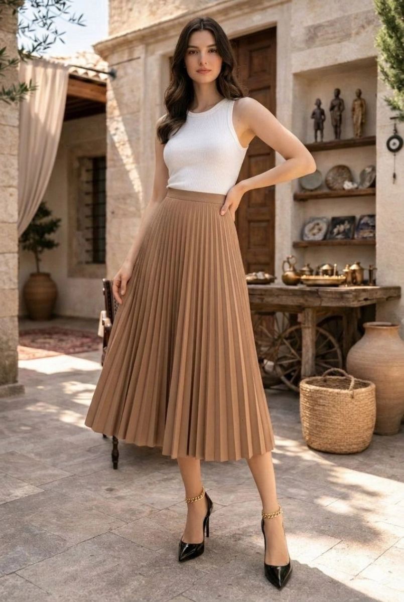 vlmrtr-9699_69a16960cf062-90018946-sw848sh1264-6y72ao57.jpg Kadın 90 Cm Saten Kumaş Pliseli Midi Etek Şık ve Zarif Tasarım - Kahverengi - Görsel 1