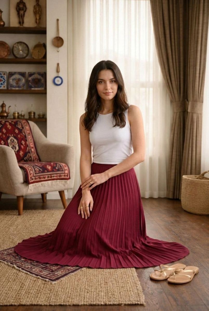 vlmrtr-9701_69a16a3a76349-27125987-sw848sh1264-29385fa3.jpg Kadın 90 Cm Saten Kumaş Pliseli Midi Etek Şık ve Zarif Tasarım - Bordo - Görsel 1