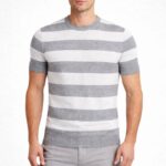 T-shirt Çizgili Triko Dokuma Bisiklet Yaka T-Shirt - Gri