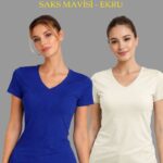 Kadın V Yaka Tişört Kısa Kol Slim Fit T-shirt 2'li Set Saks Mavisi-Ekru