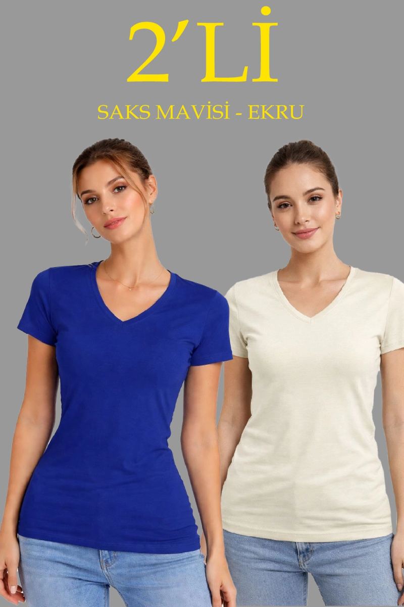 vlmrtr-9729_69a95d452d549-51189580-sw1030sh1545-1b3ned2w.jpg Kadın V Yaka Tişört Kısa Kol Slim Fit T-shirt 2'li Set Saks Mavisi-Ekru - Görsel 1