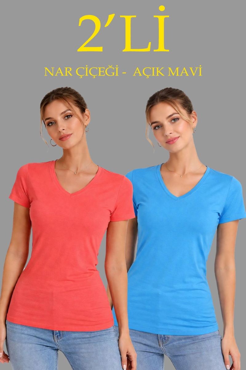 vlmrtr-9731_69a98ff4da5b5-73445250-sw1030sh1545-1x4j504y.jpg Kadın V Yaka Tişört Kısa Kol Slim Fit T-shirt 2'li Set Nar Çiçeği-Açık Mavi - Görsel 1