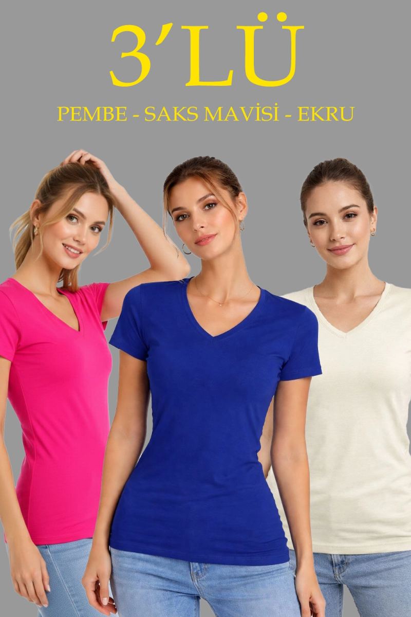 vlmrtr-9737_69a996b632ac6-81101663-sw1030sh1545-33ikf3ew.jpg Kadın V Yaka Tişört Kısa Kol Slim Fit T-shirt 3'lü Set Pembe-Saks Mavi-Ekru - Görsel 1