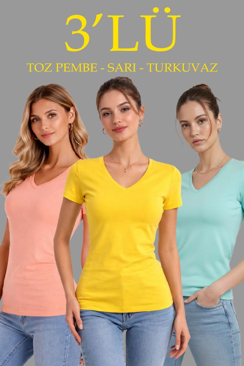 vlmrtr-9738_69a997427bb1b-81204842-sw1030sh1545-uovdpnoa.jpg Kadın V Yaka Tişört Kısa Kol Slim Fit T-shirt 3'lü Set Toz Pembe-Sarı-Turkuvaz - Görsel 1