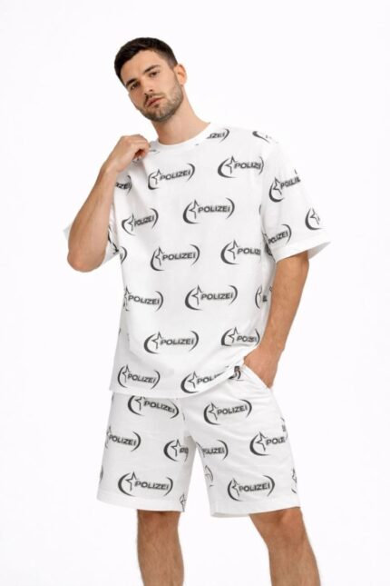 Oversize Ön ve Arka Baskılı T-Shirt Şort ikili Takım Kombin - Beyaz