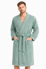 Kimono Yaka Unisex Pamuklu Tek Kişilik Bornoz  Yeşil - Görsel 2