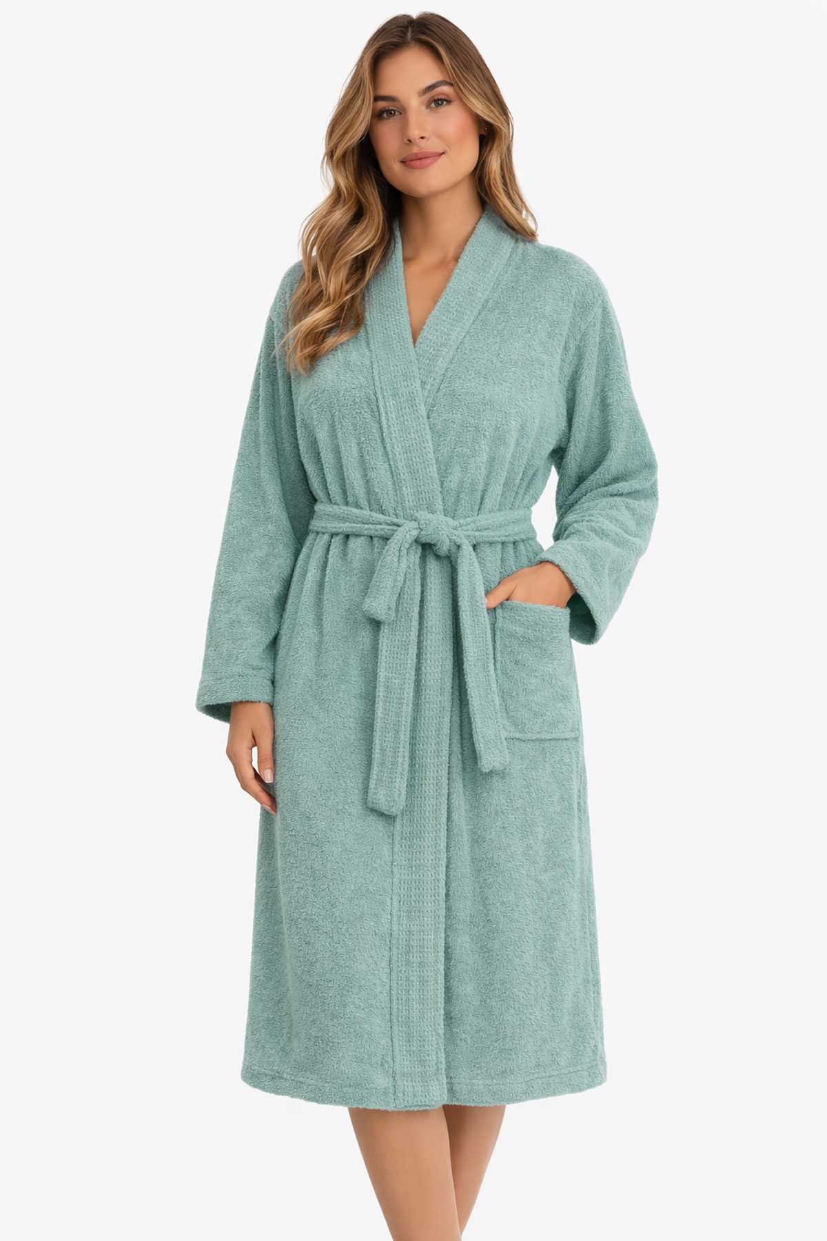 yeil26.jpg Kimono Yaka Unisex Pamuklu Tek Kişilik Bornoz Yeşil - Görsel 1